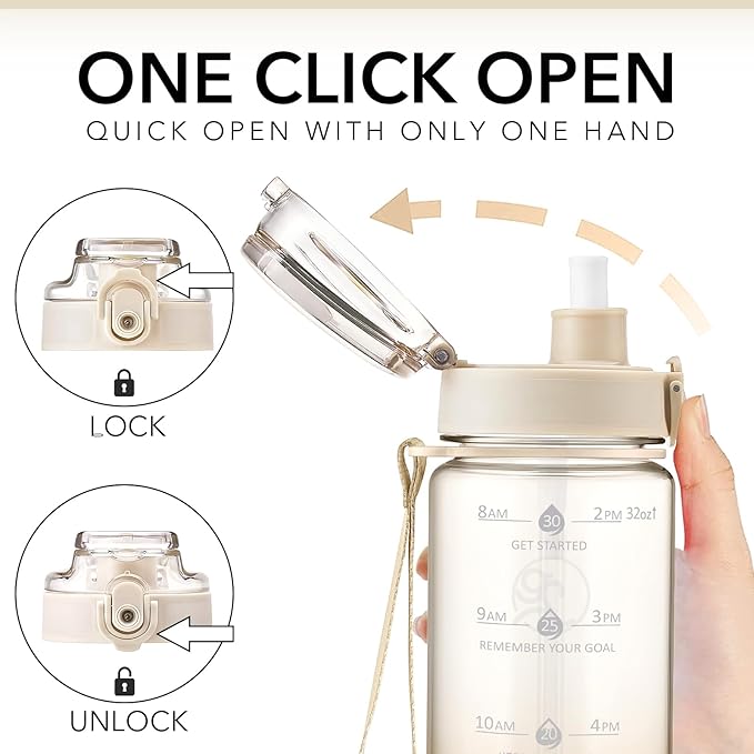 GOSWAG Water Bottles, 32 oz Motivational Sports Water Bottle with Straw and Time Marker to Remind You to Drink, Comes with Carry Strap, Leakproof