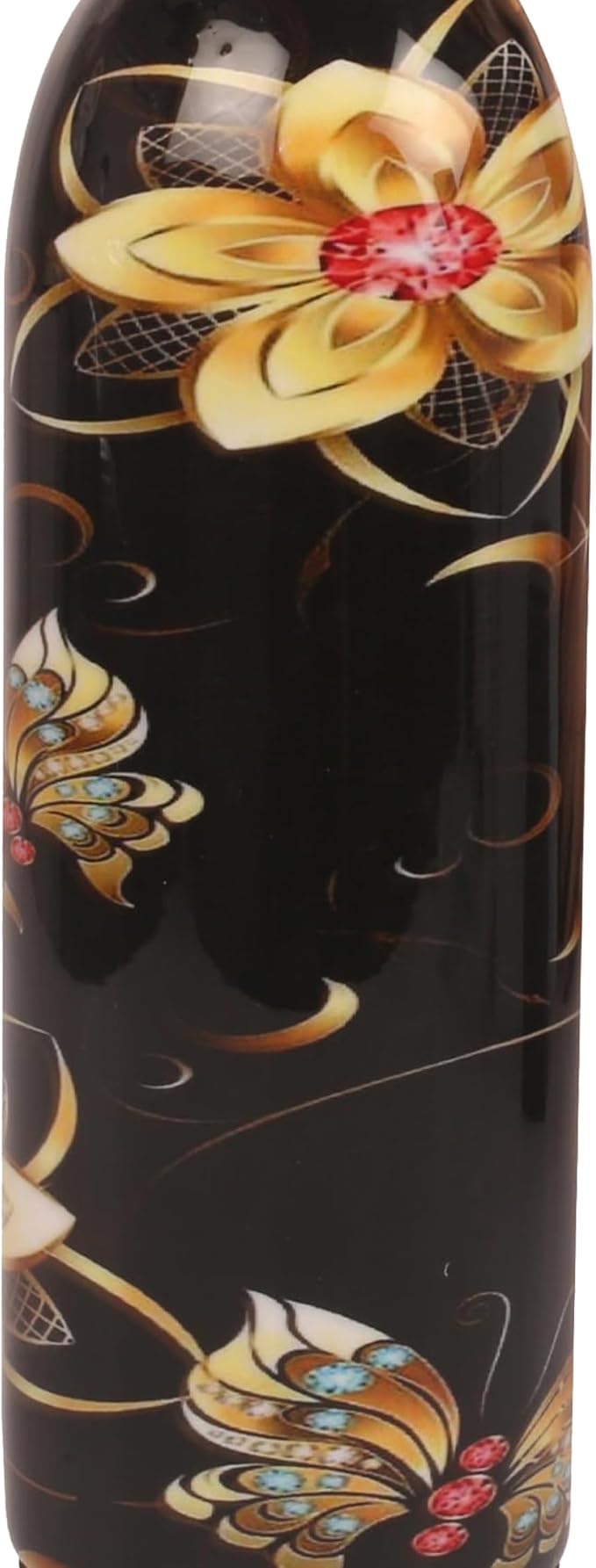 Pure Copper Water Bottle - Handcrafted - Ayurveda health benefits - Small 15 oz - Leak proof - Easy to carry for Sports, Fitness, Yoga, School - Textured Black Base Floral Colorful Enamel.