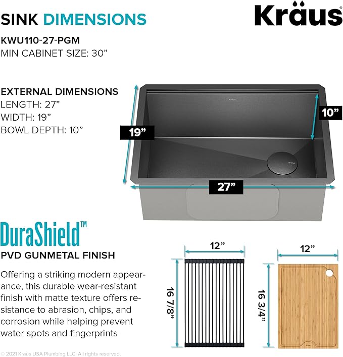 KRAUS Kore 27 Inch Undermount Workstation 16 Gauge Stainless Steel Single Bowl Kitchen Sink with Accessories in PVD Gunmetal Finish with Accessories, KWU110-27-PGM