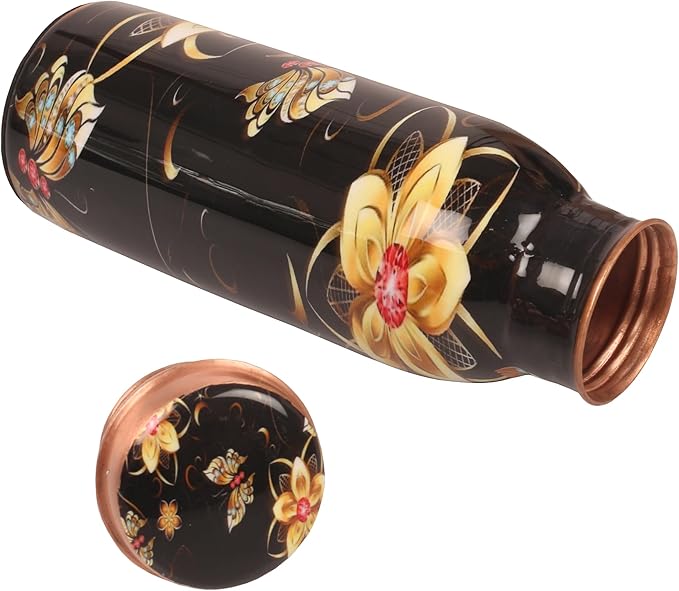Pure Copper Water Bottle - Handcrafted - Ayurveda health benefits - Small 15 oz - Leak proof - Easy to carry for Sports, Fitness, Yoga, School - Textured Black Base Floral Colorful Enamel.