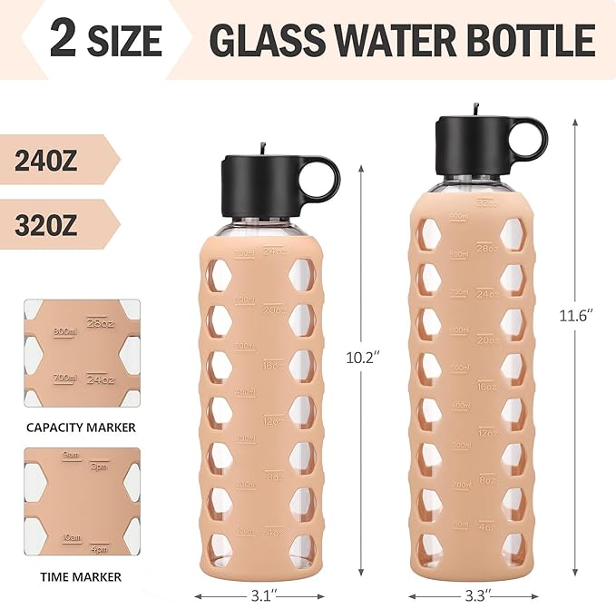 MUKOKO Glass Water Bottles, 32oz Glass Tumbler, Drinking Bottles with 2 Lids-Handle Flip Straw Lid&Bamboo Lid, Motivational Water Bottle with Time Marker and Silicone Sleeve, Leakproof-1 Pack-Amber