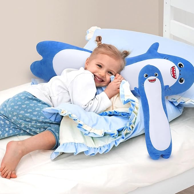 Long Shark Plush,Cuddly Shark Stuffed Animal,Cute Plushies Shark Plush Toys,Kawaii Sleeping Animal Body Pillow,Soft Plush Hugging Pillow,Ideal Snuggle Buddy for Kids Adults(Blue Shark,20”)