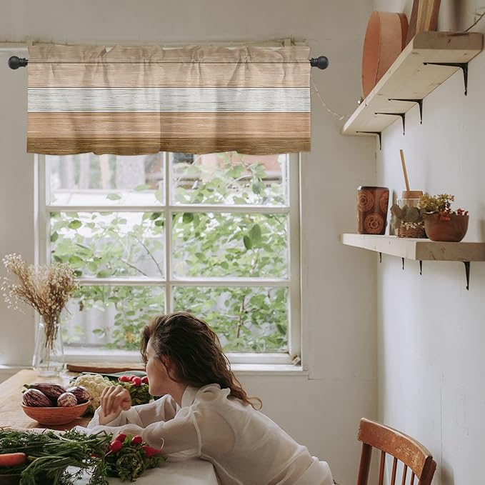 Farmhouse Kitchen Curtains Summer Fall Valances for Windows ,Brown Beach Fall Rod Pocket Country Window Treatment for Kitchen/Living Room/Bedroom/ Bathroom,60" X 18" -1 Panel, Rustic Barn Wood Texture