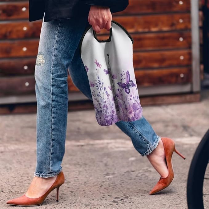 doginthehole Wine Carrier Tote 2 Bottle Wine Bag Aesthetic Watercolor Purple Floral Butterfly Print Neoprene Wine Bottle Holder Water Bottle/Beer/Drinks/Champagne Bottle Protective Bags