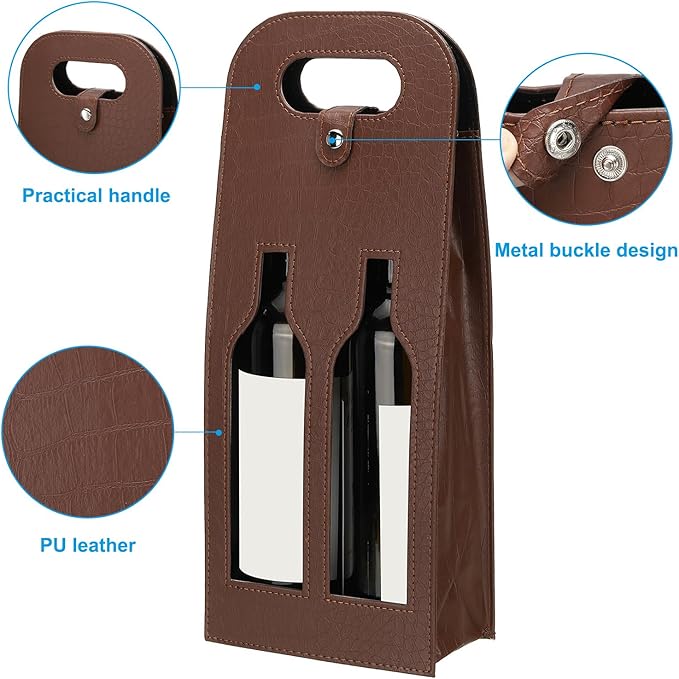 PATIKIL 2 Bottle Wine Gift Bag, Wine Bag Reusable Leather Wine Tote Carrier for Wine Bottles Portable Champagne Gift Bags for Picnic Party Wedding, Brown-2