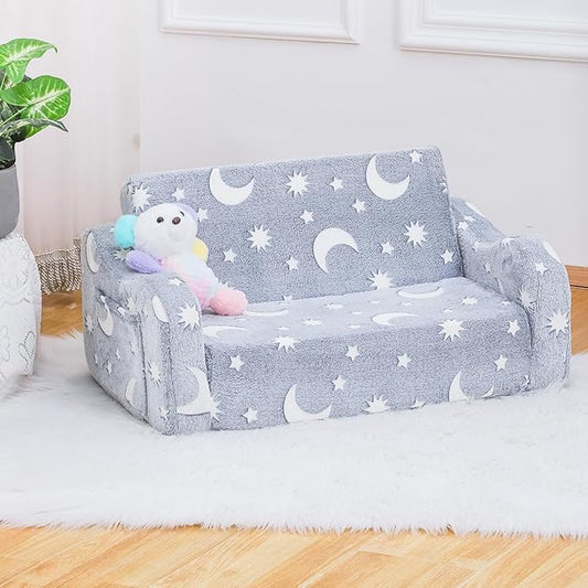 Baby Toddler Sofa Couch for Kids Extra Wide 2-in-1 Foldable Toddler Fold Out Couch Bed for Playroom, Pull Out Children Convertible Sofa to Lounger for Boys & Girls with Double Pockets, Grey Moon