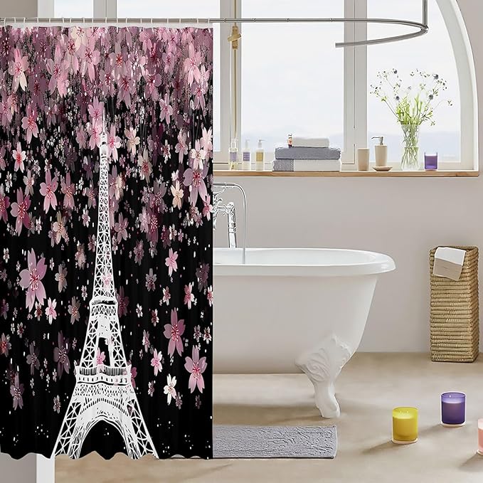 Feelyou Eiffel Tower Shower Curtain 72"x72" Kids Cherry Blossoms Bathroom Shower Curtain Set for Boys Girls Teens Romantic Paris Bath Curtain Floral Botanical Bathroom Accessories