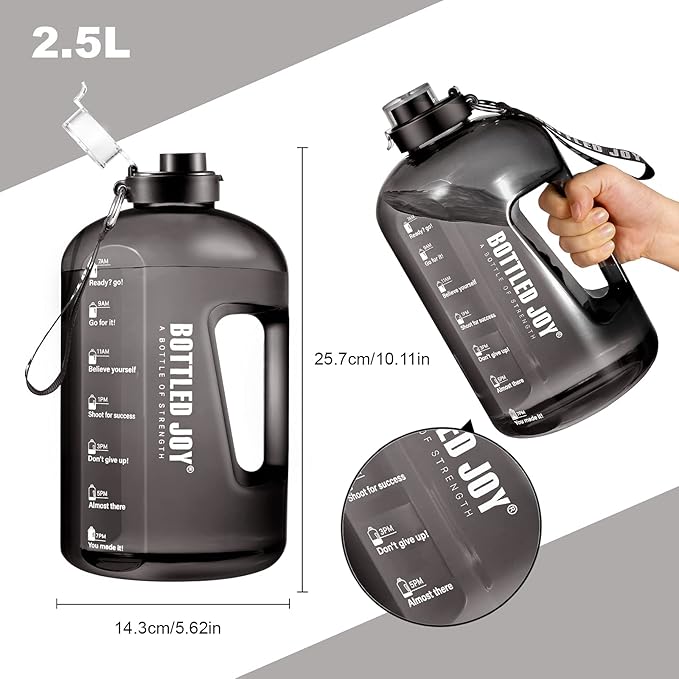 Water Bottle with Time Markings, 2.5 Litre Sports Water Bottle with Handle Leakproof Reusable & BPA Free, Flip Cap with Cleaning Brush Daily Water Intake Bottle Ideal for Gym Office