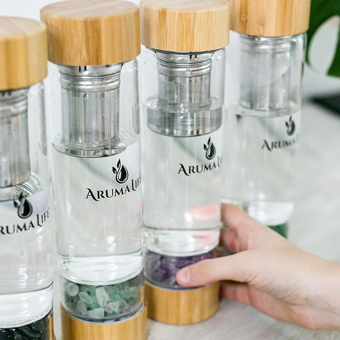 Crystal Water Bottle with a Loose-Leaf Tea or Fruit Infuser, Safe for Hot and Cold Drinks, Eco-friendly & Plus BONUS Protective Sleeve & Extra Set of Crystals (Aventurine & Amethyst)