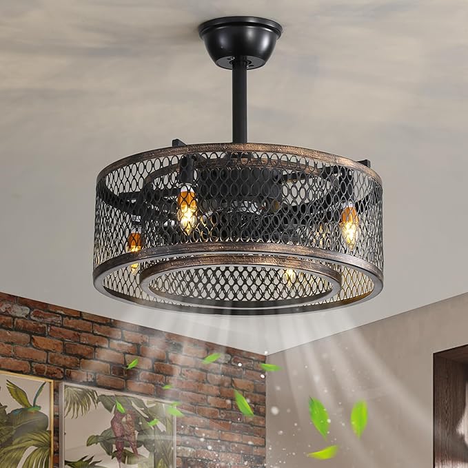 NicBex Ceiling Fan 20 Inch Ceiling Fans with Lights Caged Ceiling Fan with Blades and Remote Control Down Rod Mount Ceiling Fans for Bedroom, Living Room, Black Brown