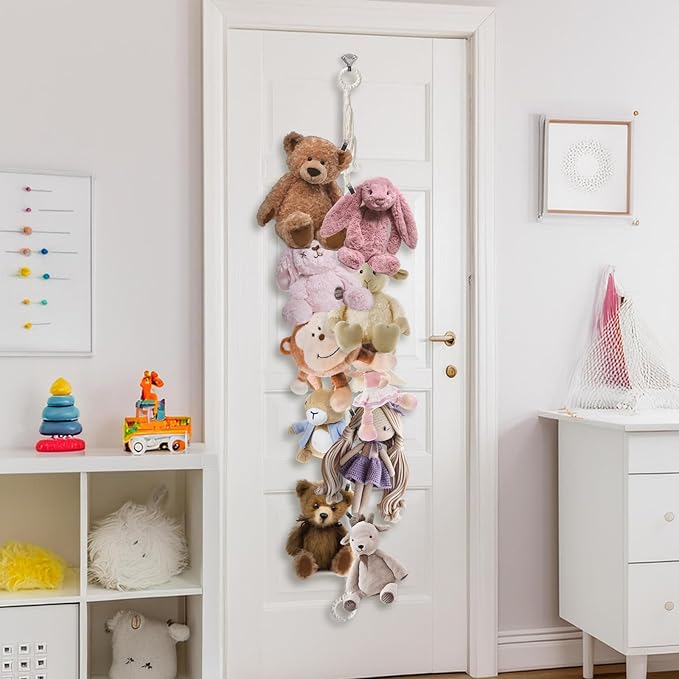 Stuffed Animal Storage Chain 80 Inch, Munzong 4pcs Beige Hanging Stuff Animals organizer, Cotton Toy Display Chain with 80 Clips, Toys Organizers Holder for Toddler Kids Nursery Room Wall Corner Decor