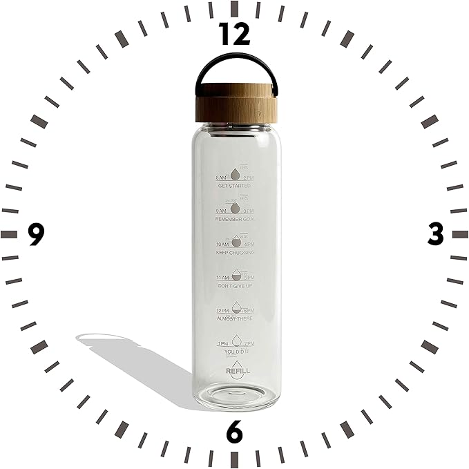 32 oz Motivational Glass Water Bottles with Bamboo Lid Straw and Time Marker - Sports Water Bottle for Drinking