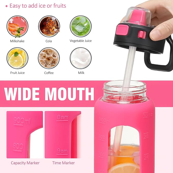 Kodrine 32 oz Glass Water Bottle with Soft Silicone Spout, Locking Lid, and Carry Loop, Rose Red