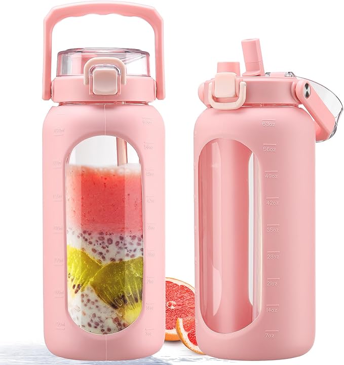 BLUEGO 64 oz Glass Water Bottle, Drinking Water Bottle with Handle and Straw, Half Gallon Motivational Water Bottle with Silicone Sleeve and Time Marker, Sports Water Bottle, BPA Free Pink
