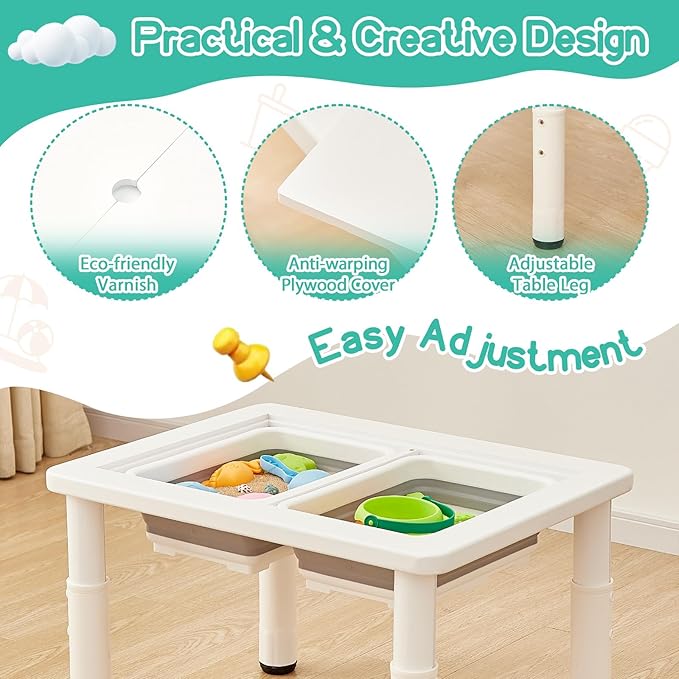 FUNLIO Wooden Sensory Table with 2 Bins for Toddlers 1-5, 4-Level Height Adjustable Kids Sensory Table with Anti-Warping Plywood Lid, Indoor/Outdoor Play Sand and Water Table, CPC Certified, White