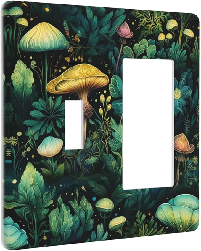Green Dark Forest Mystical Mushroom 2 Gang Single Toggle Rocker Combination Light Switch Covers Wall Plate Cover Electrical Faceplate Decorative Switchplate for Country Bathroom Bedroom Decor