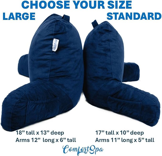 ComfortSpa Reading Pillow for Bed Adult Size, Back Rest Pillow with Arms, Pockets, Washable Cover; Use as Back Pillow for Bed Sitting Up for Bedrest or Relief from GERD Heartburn (Large Navy Blue)