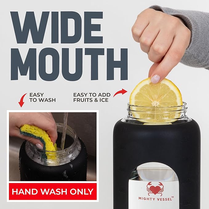 Leakproof Glass Water Bottles 64 oz - Borosilicate Large Glass Water Bottle with Straw & Time Markers - Half Gallon Water Bottle Glass, Wide Mouth Glass Gallon Water Bottle 2 Litres