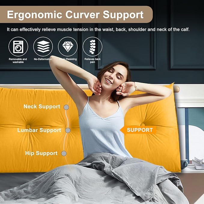 Large Triangular Headboard Pillows Long Backrest Positioning Support Bolster Cushion for Daybed Fluffy Quality Plush Body Wedge Pillow with Removable Cover(Light yellow-King-76x8x20in)