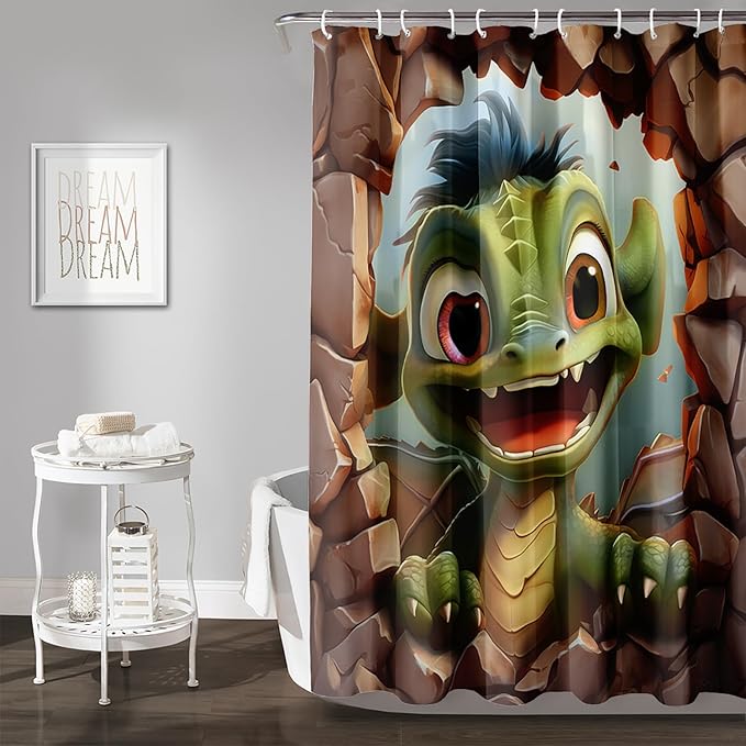 AILONEN Cartoon Dinosaur Shower Curtain for Kids,Funny Green Dinosaur Shower Curtain for Bathroom,Girls,Cute Animal Shower Curtain Set with Hooks,36" W*72" H