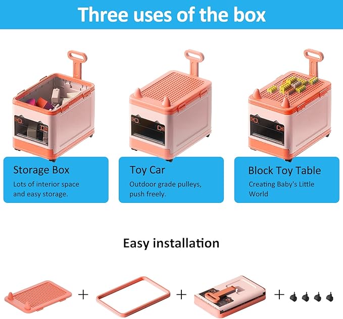 Collapsible Kids Storage Box with Building Base for Lego Toy Organizer Bins with Lids and Wheels Stackable Toys Chest Containers Building Block Bricks Storage Case for Children
