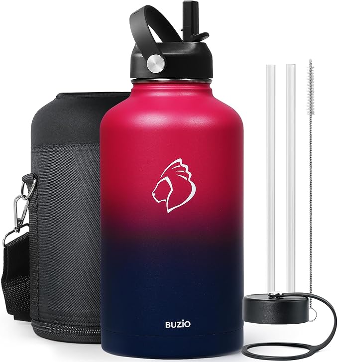 BUZIO 64oz Insulated Water Bottle Stainless Steel Double Wall Leak Proof Half Gallon with Straw Lid and Flex Cap (Cold for 48 Hrs) Sports Flask Metal Travel Mug for Hiking Cycling, Ruby Red Navy