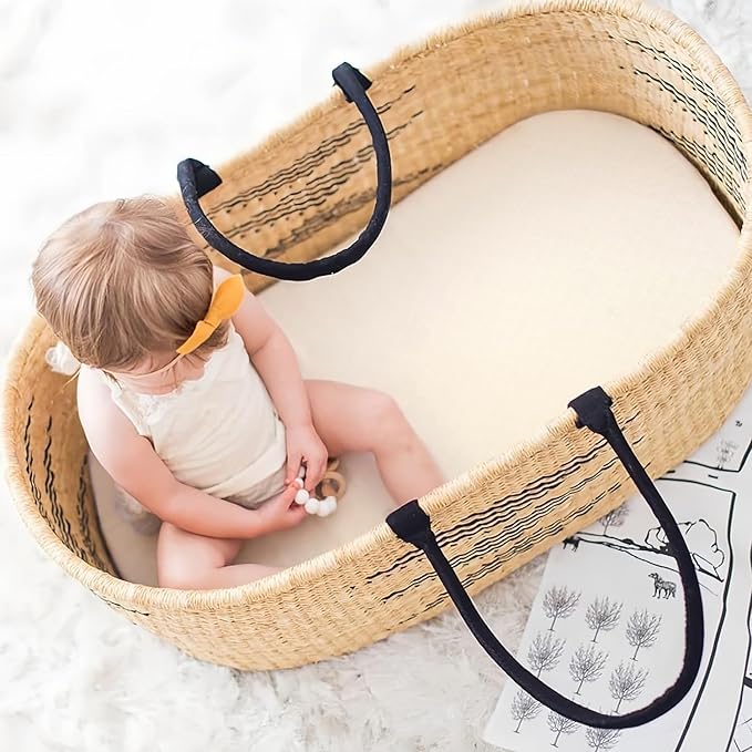 GRSSDER Stretchy Ultra Soft Fitted Bassinet Sheet 2 Pack, Universal Fit for Bassinets Baby Cradle Moses Basket Oval Rectangle Mattress Safe and Snug, Jersey Bassinet Sheets for Girls, Cream/White