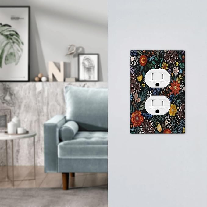 Vintage Colorful Flower Boho Floral Rustic Dark Leaves Single Duplex Wall Plate Covers Light Switch Cover 1 Gang Outlet Plate Decorative Switchplate Covers Electrical Faceplate for Farmhouse Bedroom