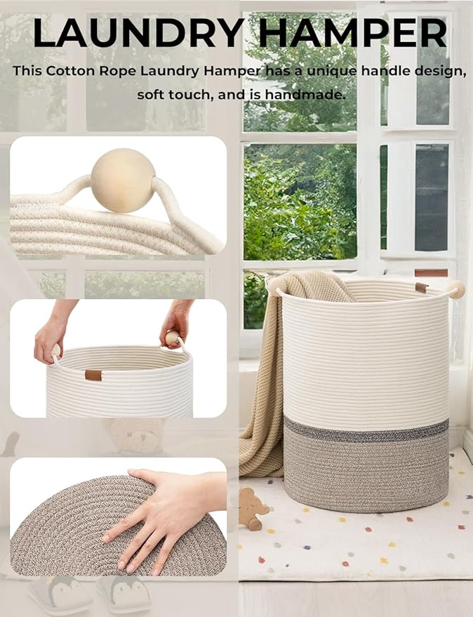 StorageWorks 72L Cotton Rope Laundry Basket with Wooden Beads Handles, Woven Basket for Storage, Dirty Clothes, Kids Toys, Towels, White & Light Brown