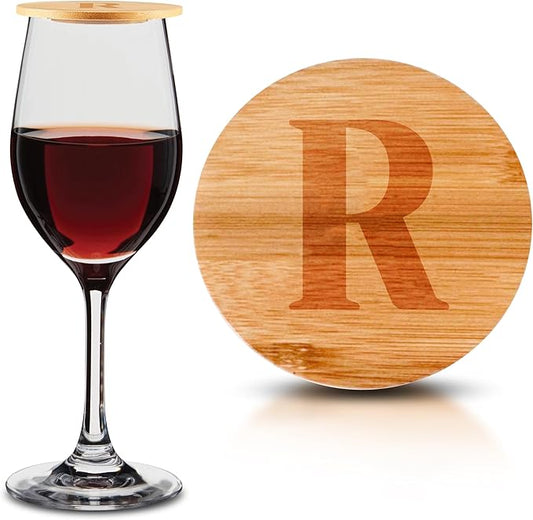 Personalized Wine Glass Charcuterie Topper - Custom Laser Engraved Initial Bamboo Wine Glass Topper Stopper Coasters Plate ID Identification Wine Glass Charcuterie Board Topper (Letter R)