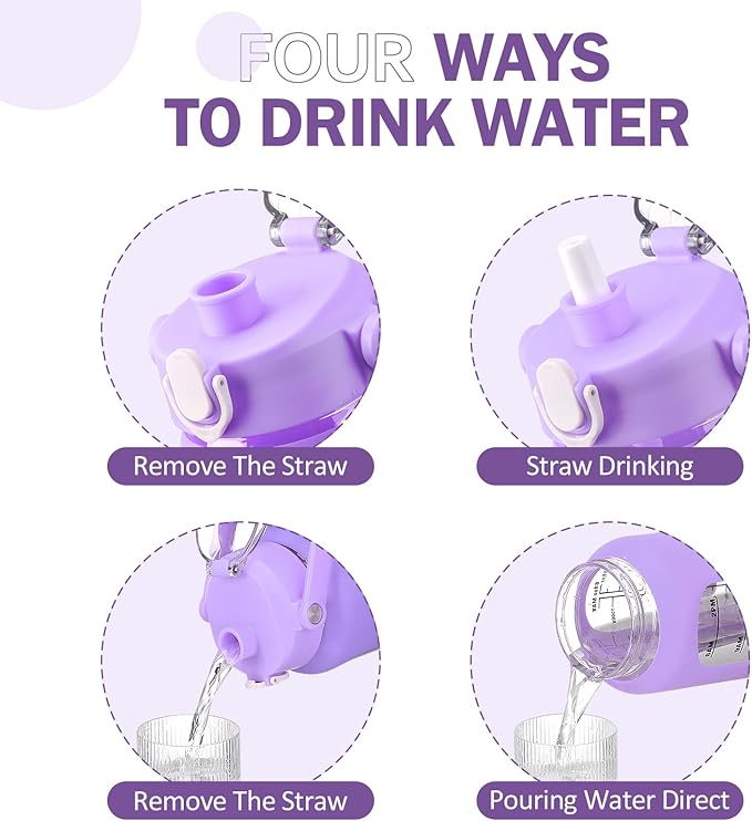 kytffu 64oz Glass Water Bottles with Straw, Half Gallon Motivational Glass Bottle with Silicone Sleeve and Time Marker, 2L Leakproof Large Glass Water Jug for Gym Home Office, Purple