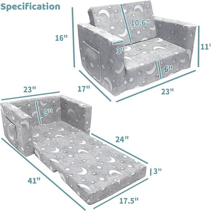 Kids Sofa, Glow in The Dark Toddler Chairs Children's 2 in 1 Convertible Sofa to Lounger - Extra Soft Flip Open Chair & Sleeper, Kids Couch for Kids Girls Boys