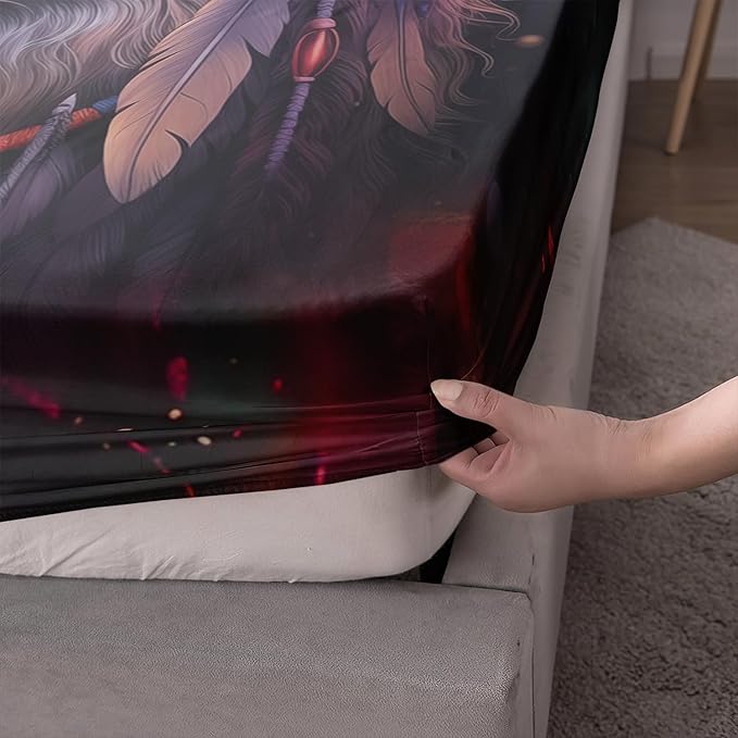 AILONEN Wolf Dream Catcher Fitted Sheet Set Twin XL Size, Wildlife Wolf Bed Sheet Set,Safari Animal Moon Wolf Fitted Sheet and 2 Pillowcases,3 Pieces(Boys/Men/Kids/Teens)