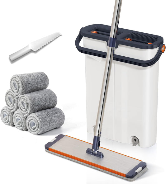 Mop and Bucket Set with Wringer for Home, 360° Flat Squeeze Mop with Long Handle and 6 Microfiber Cloths for Floor Cleaning (White+Blue, Slim Bucket and 15.7'' Aluminum Alloy Mop Head)