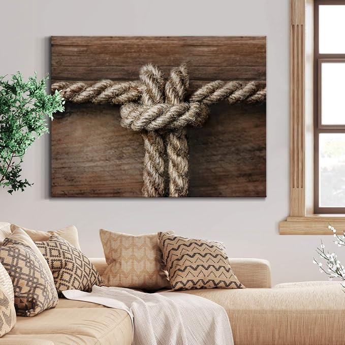 Renditions Gallery Canvas Nautical Wall Art Modern Decorations Paintings Rope Closeup Knot Abstract Vibrant Wooden Maritime Sailor Artwork Prints for Bedroom Office Kitchen - 32"x48" LT33