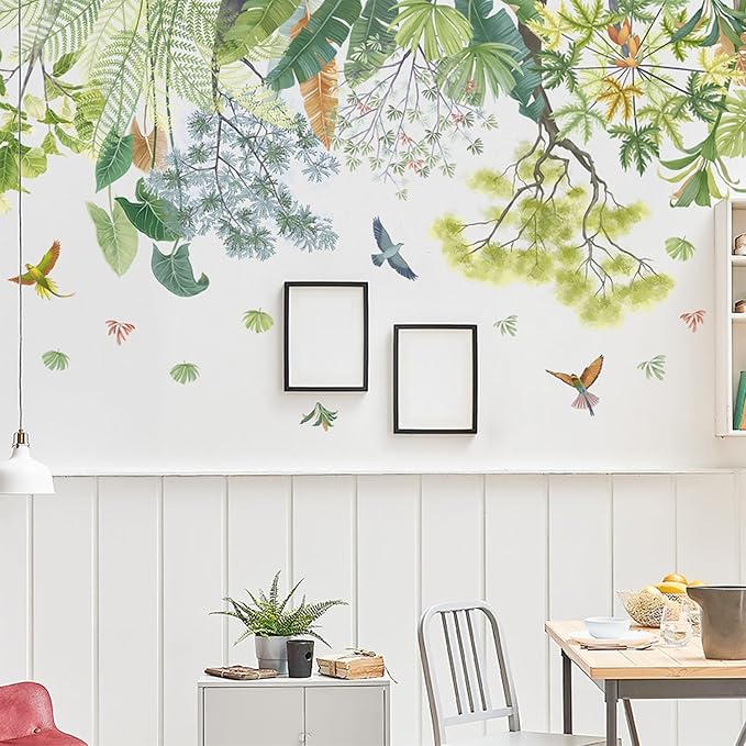 Green Plant Top Line Wall Stickers Garden Flower Wall Art Decals Tropical Plant Birds Wall Decals for Living Room Bedroom Nursery Kitchen Skirting Board Art Decorations