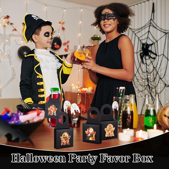 Megitzuu 30PCS Wine Bottle Box with Window, Kraft Paper Wine Boxes for Halloween Gifts Hanging Pumpkin Treat Box Mini Charcuterie Boxes Wine Bottles Gift Bags Goodies Candy Box Party Favor (Black)