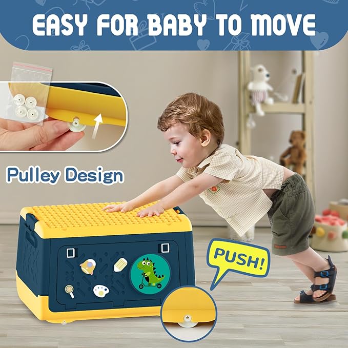 Toy Box Chest with Lid, Dinosaur Collapsible Storage Organizer for Kids Boys Girls, Plastic Stackable Toddler Toy Bins with Building Block Lid (Blue)