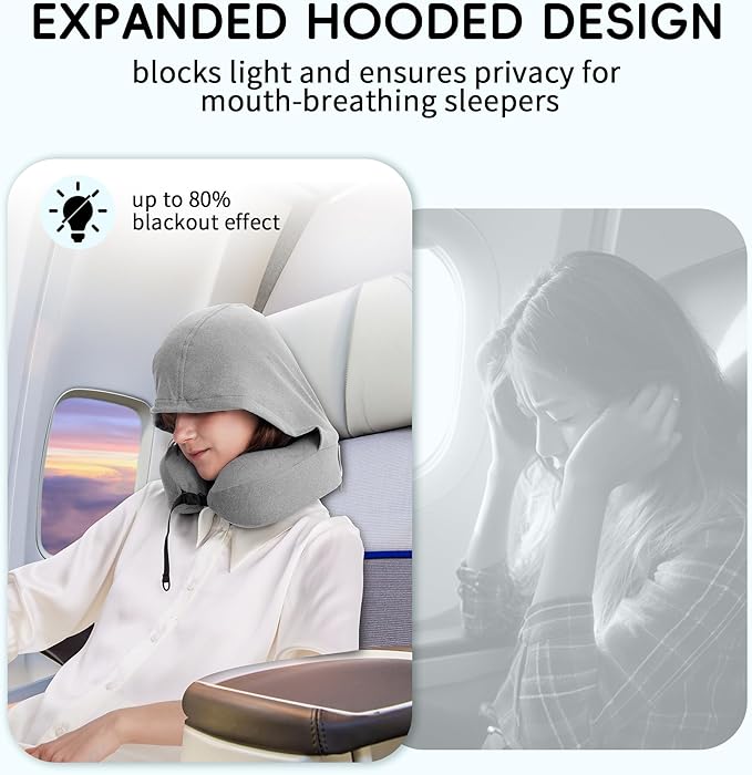 Travel Pillow with Hood for Airplane, 100% Pure Memory Foam Hooded Neck Pillow for Traveling, Car, Office, Soft, Machine Washable, Easy Storage, Gray