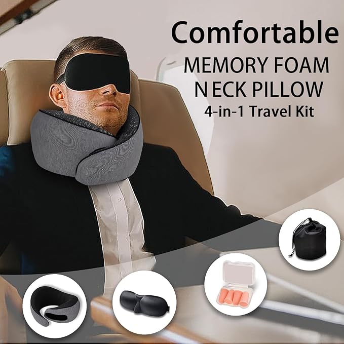 Travel Pillow 100% Pure Memory Foam,New Ergonomic Design 360°Adjustable Soft Neck Pillow,Travel Neck Pillow for Car and Airplane Travel,Neck Pillow for Traveling with Eye Masks and Earplugs(Grey)