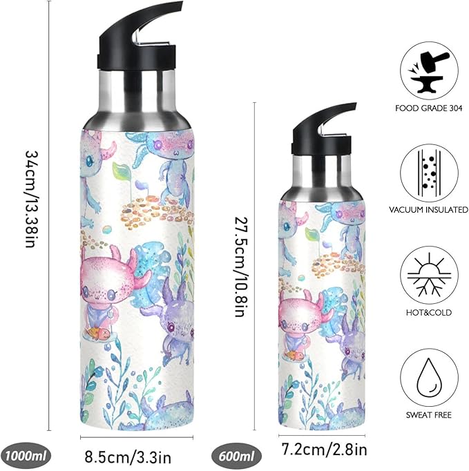 Axolotl Sports Water Bottle, Double Wall Vacuum Insulated Stainless Steel Water Bottle with Straw Keeps Hot and Cold, Bike Running Sports Travel Gym 20oz