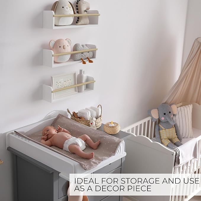 Decorative Nursery Bookshelves for Kids - Set of 3 Easy to Install Floating Shelves for Wall Mount - Beautiful Hanging Organizer Furniture for Your Baby Boy or Girl's Bedroom and Play Room Decor