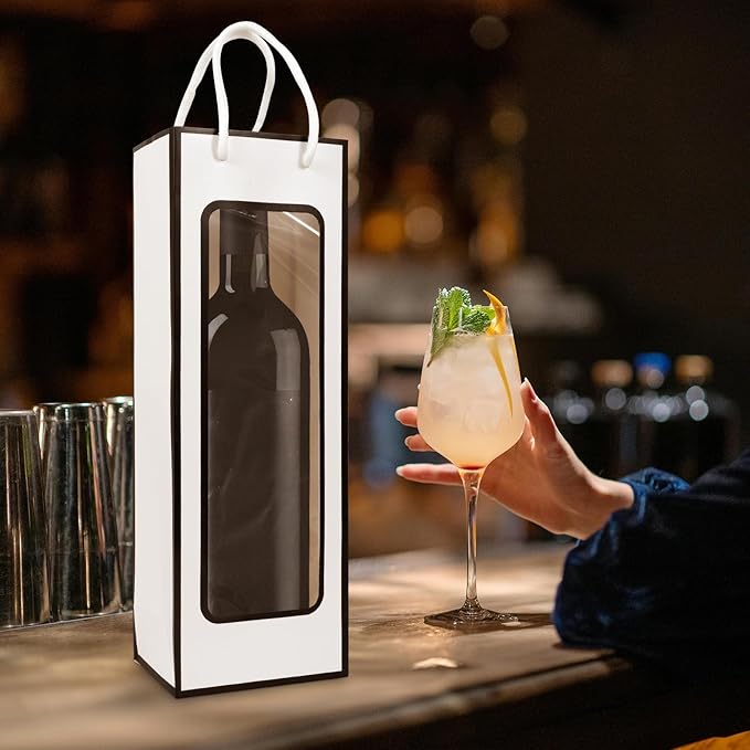 Cyblinia 20 Pack Kraft Paper Wine Bags with Window Wine Gift Bags 14.2 x 4.9 x 3.4 Inch Wine Bottle Bags with Handles Shopping Bags for Christmas, Birthday,Wedding