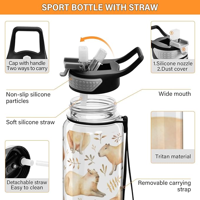 Capybaras Water Bottle with Straw Leafs Sports Bottles BPA-Free Tritan Water Jug with Carrying Strap for Gym Office Outdoor Sports