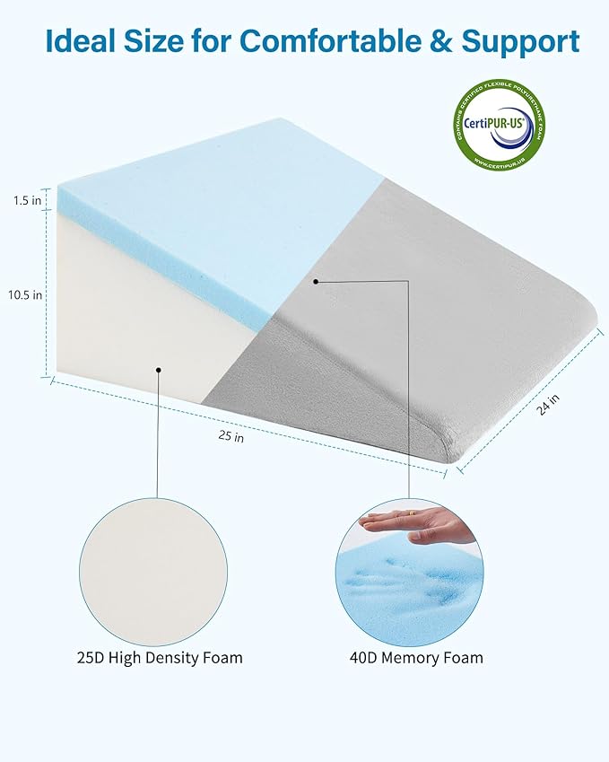 Wedge Pillow for Sleeping, 12 Inch Bed Wedge Pillo, Memory Foam Top Triangle Pillow Wedge for Head, Back, Leg with Washable Cover