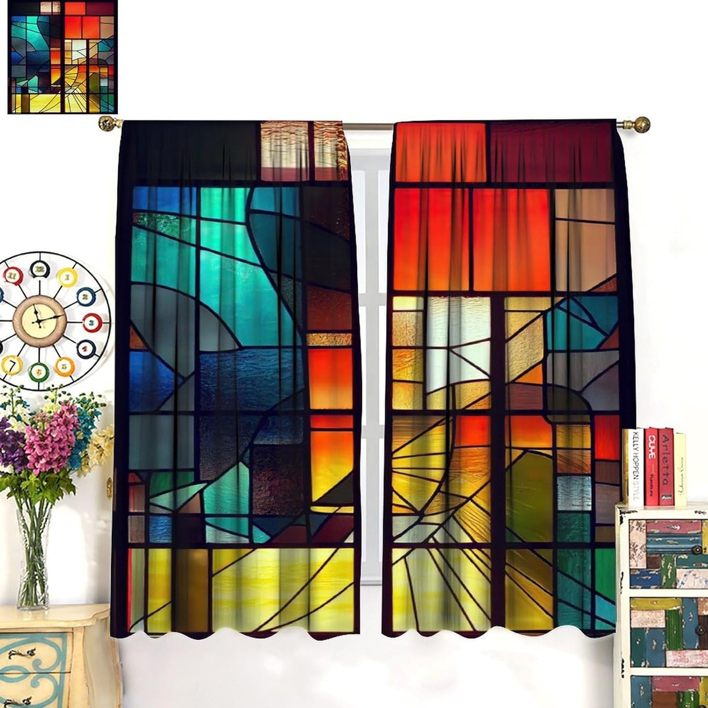 Stained Glass Curtains,Retro Abstract Colorful Geometry Textures Art Home Decor Drapes for Bedroom Living Room Kitchen Window Treatment 2 Panels Set Total Size 63" W X 72" L Inch