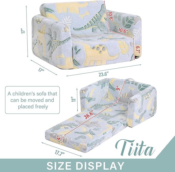 Tiita Kids Sofa, 2-in-1 Kids Sofa Chair, Convertible Children Couch to Lounger, Flip Out Kids Sofa Chair, Glow in The Dark Toddler Armrest Chair Bed for Girl or Boy (Grey Dinosaur)