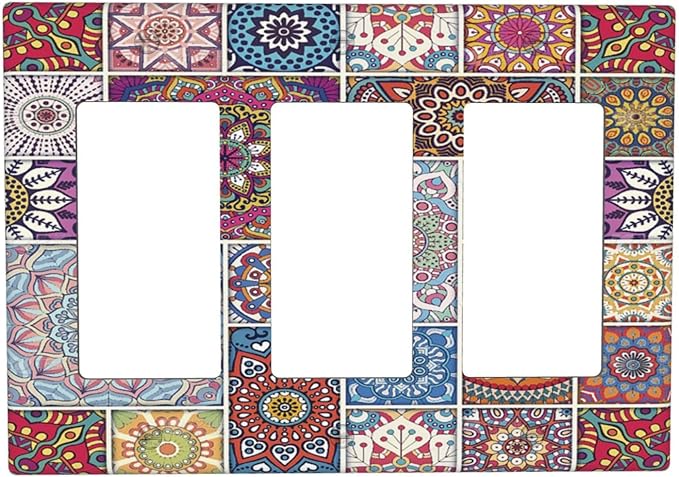 Morocco Talavera Mexican Tiles Printed Colroful Mandala 3 Gang Rocker Light Switch Covers Triple Outlet Wall Plate Decorative Switchplate Cover Faceplate GFCI for Kitchen Bathroom Bedroom Decor