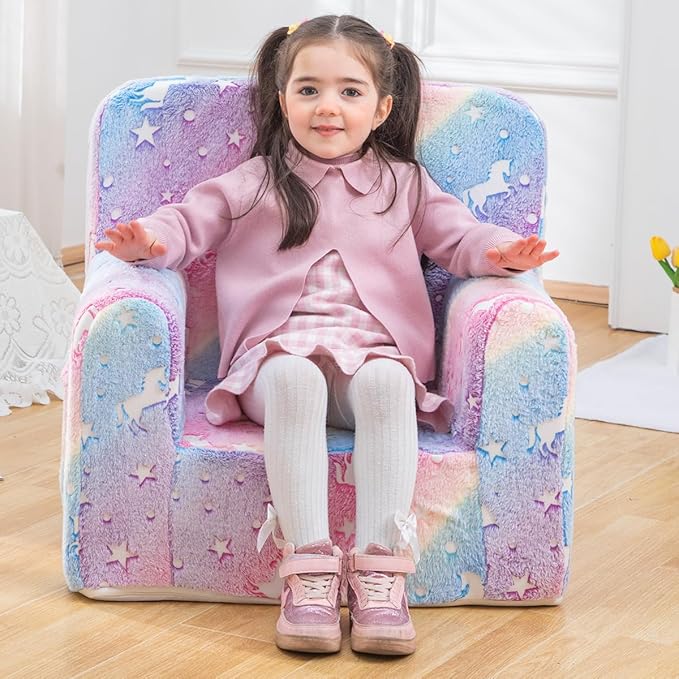 Snuggly-Soft Cuddly Toddler Plush Armchair for Boys and Girls Glowing Pink Fuzzy Plush Kids Sofa Couch Reading Chair with Children Friendly Handle for Easy Movement & Double Pockets for Storage