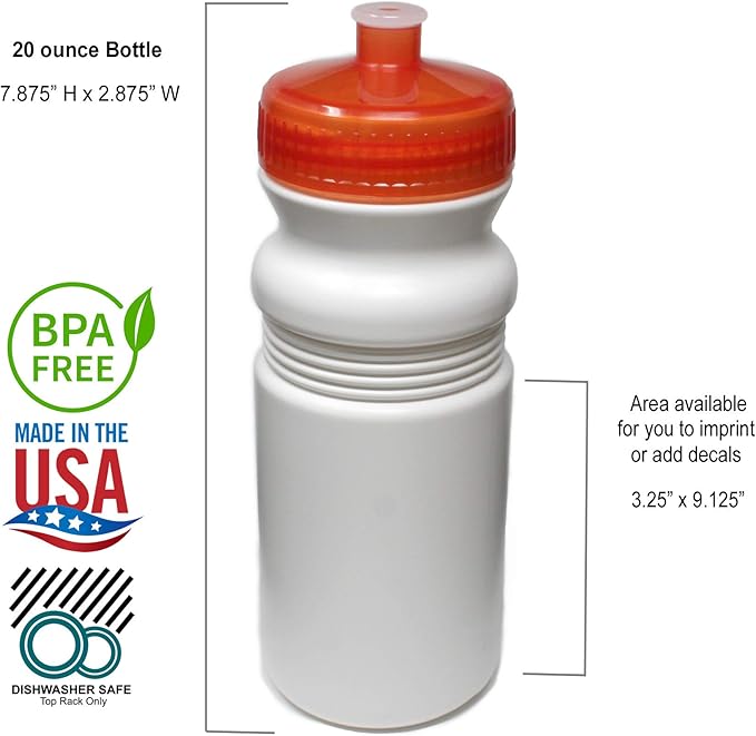 Rolling Sands 20 Ounce Sports Water Bottles 6 Pack, BPA-Free, Made In USA, Dishwasher Safe, Clear Frost Bottles/Rainbow Lids